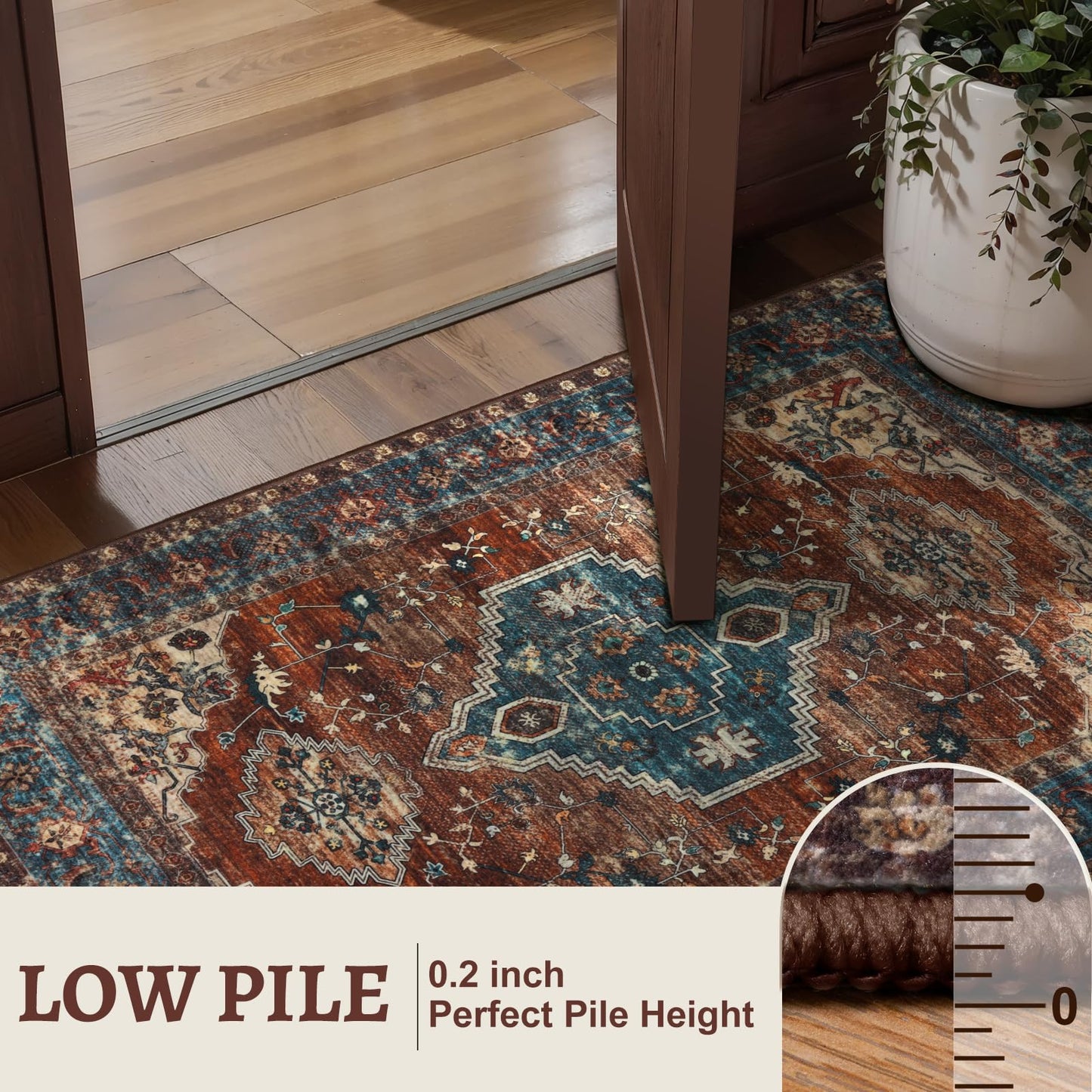 Tangsoo 2x5 Washable Runner Rug for Hallways, Non Slip Vintage Runner Rug, Soft Low Pile Long Rug Runner, Print Distressed Carpet Runners for Kitchen Bedroom Entryway Bathroom Living Room Rust