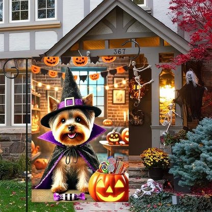 Happy Halloween Puppy Garden Flag Halloween Yorkie Flag for Outside Small 12x18 Double Sided,Fall Winter Witch Hat Dog Yard Flag Patio Room Garden Home Decor
