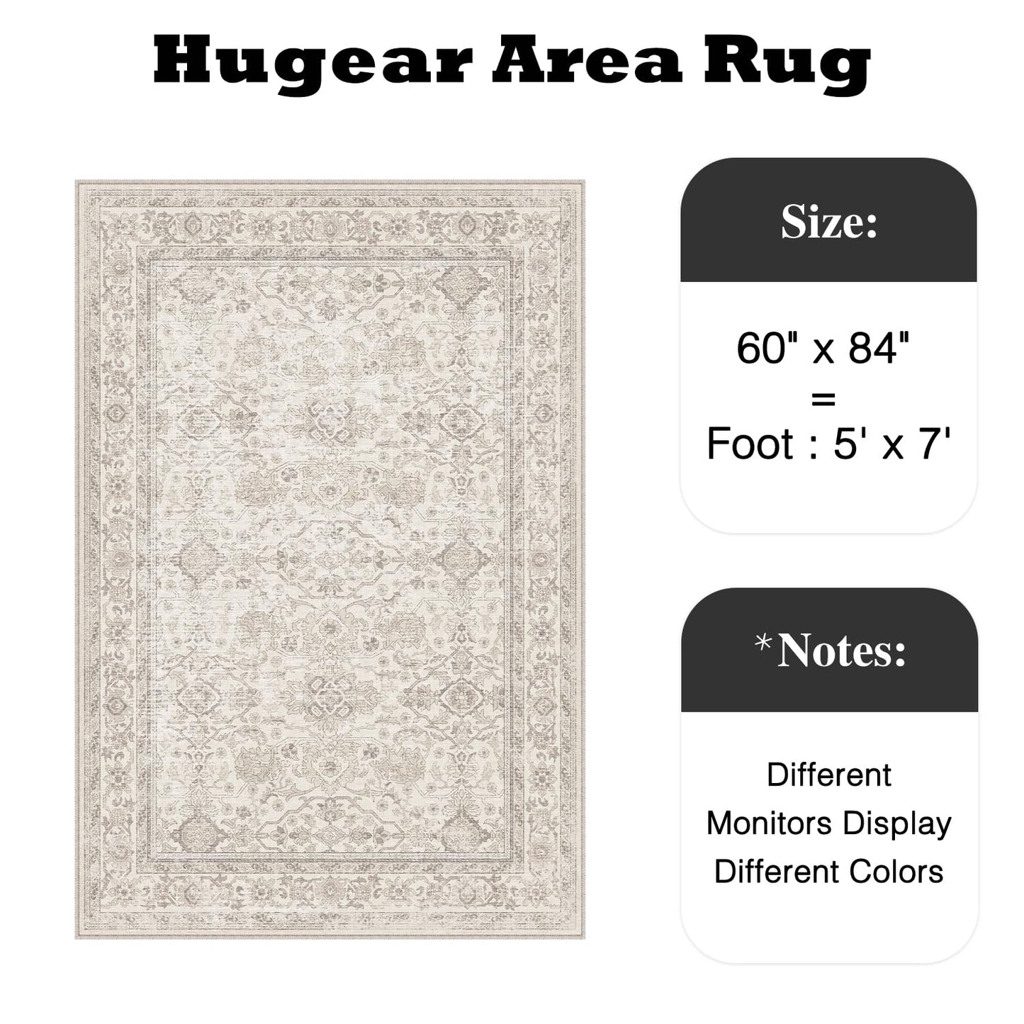 HUGEAR Area Rug 5x7 Retro Beige Machine Washable Living Room Rugs Distressed Vintage Floral Vacuumable Low Pile Carpet Bedroom Office Dining Room Laundry Room Non Slip Soft Lightweight