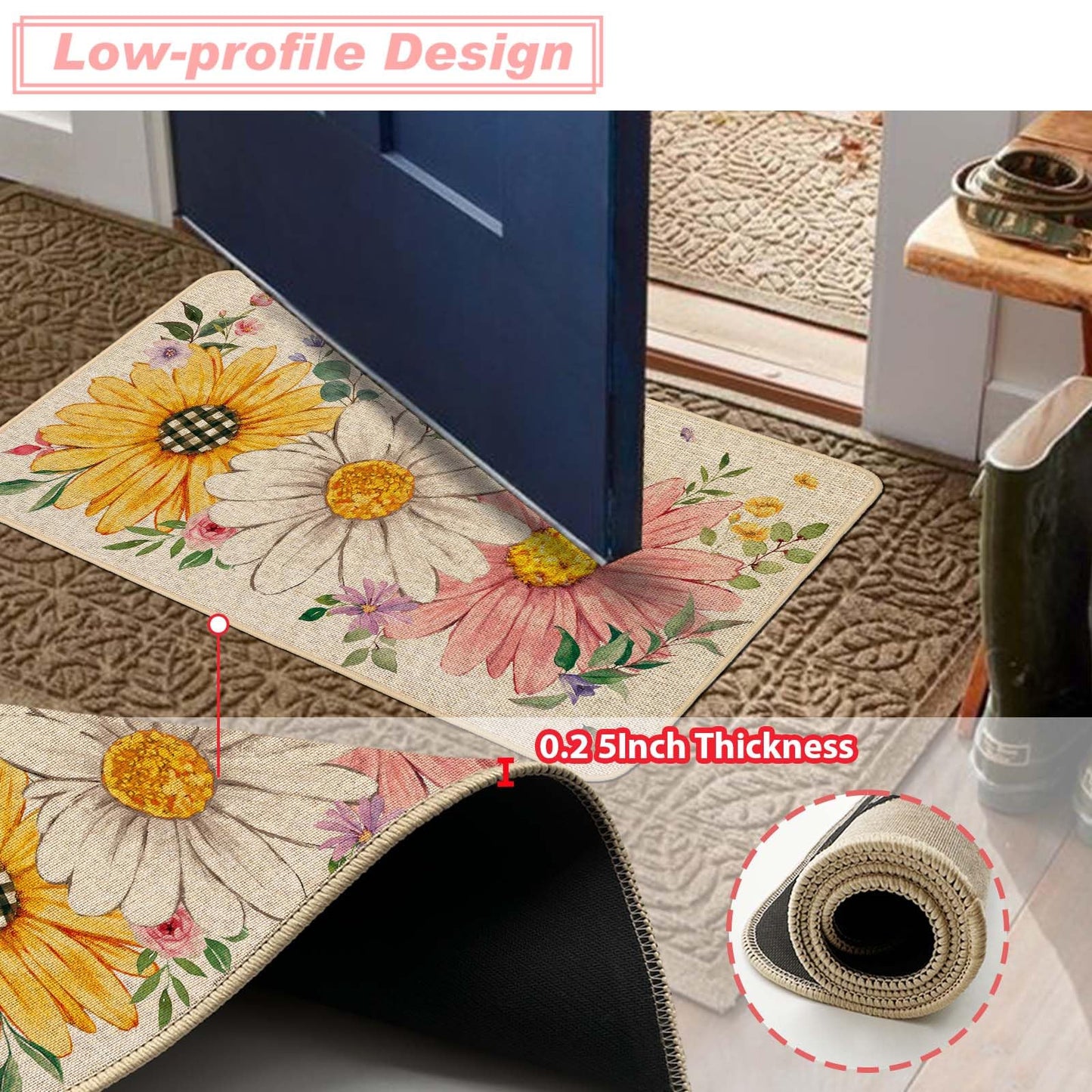 Baccessor Summer Kitchen Mats Set of 2, Sunflower Daisy Floral Kitchen Rugs for Floor Non Slip Low-Profile Seasonal Home Decor 17x29 and 17x47 Inch