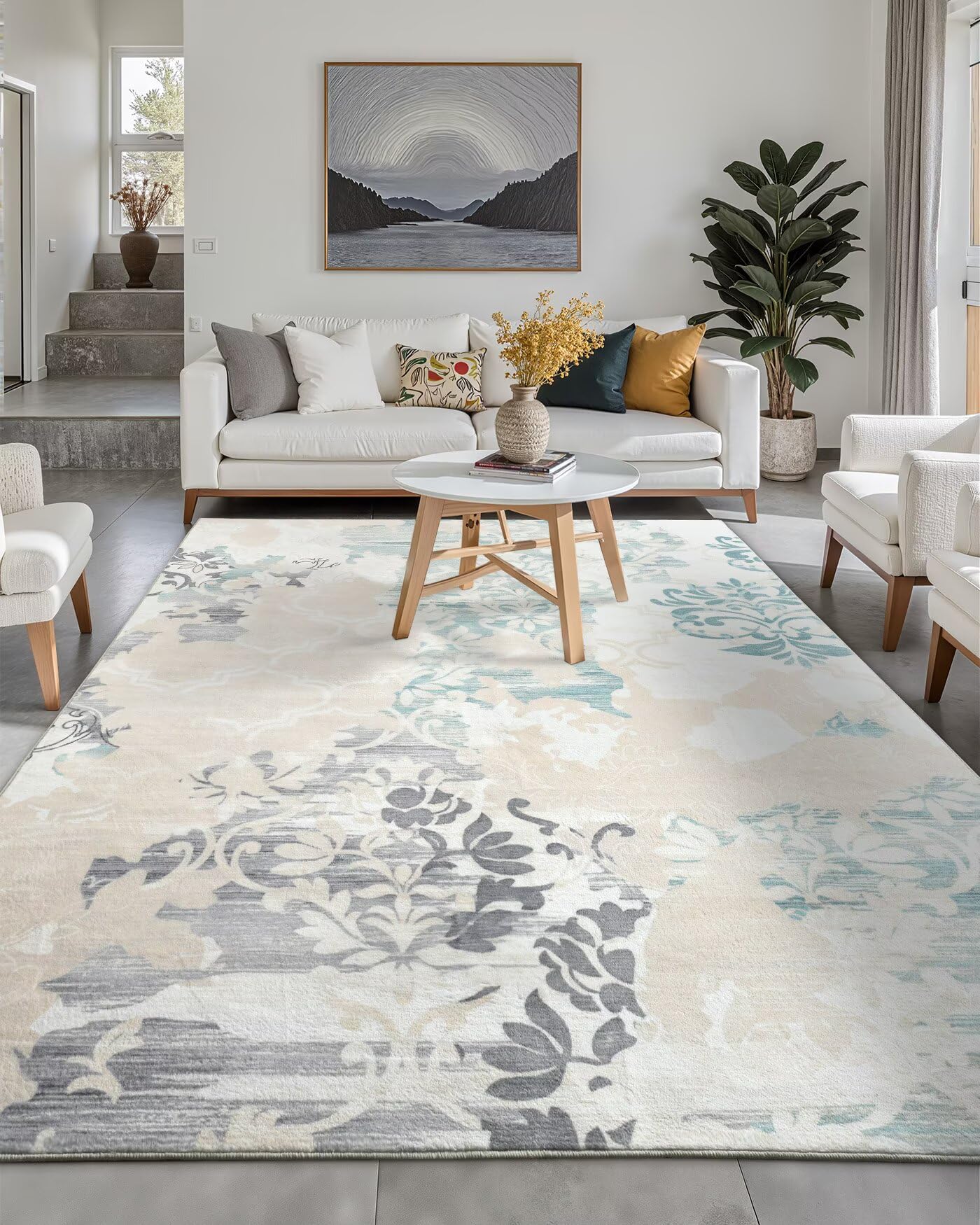 Macgace Washable Abstract Rug, 5x7 Ivory and Aqua Floral Area Rugs with Non-Slip Rubber Backed for Bedroom, Low Pile Modern Throw Carpet Kitchen Living Room Decor