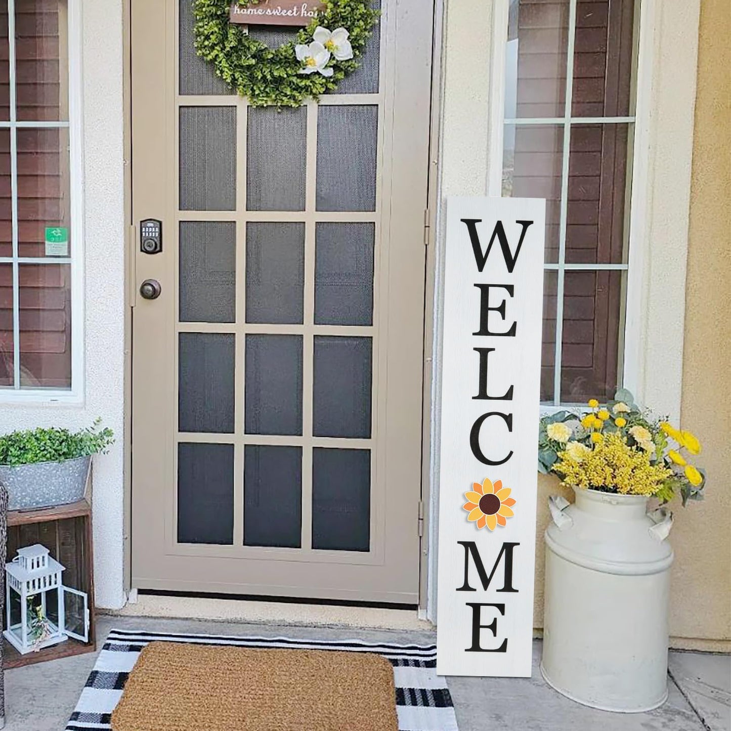 Interchangeable Welcome Sign for Front Porch- 45"X9" Large Standing/Hanging Wooden Sign with 12 PCS Replaceable Icons for 4th of July Fall Halloween Porch Wall Yard Decorations (White)
