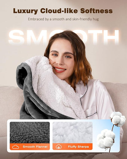 Wearable Heated Blanket - Cozy Gift for Women, Mom, Men| Reversible Flannel & Sherpa Electric Wrap with Pockets & Hood, 6 Heat Levels, 1-4H Timer, ETL Safe, Machine Wash, 50"x70" Grey