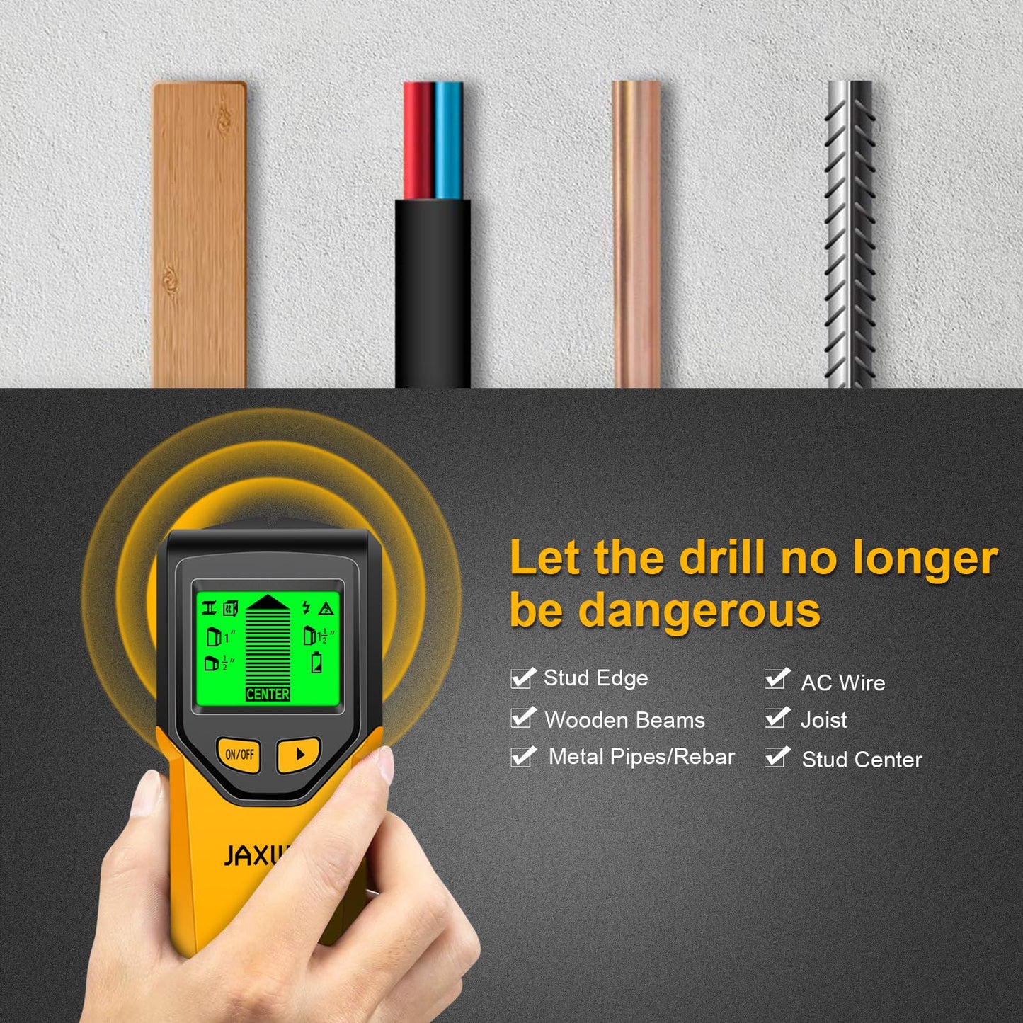 Stud Finder Wall Scanner - 5 in 1 Stud Finder Tool w/Smart Chip and HD LCD Display, Stud Detector Beam Finders for the Center and Edge of Wood AC Wire Metal Studs Joist Pipe (Yellow Feathers)