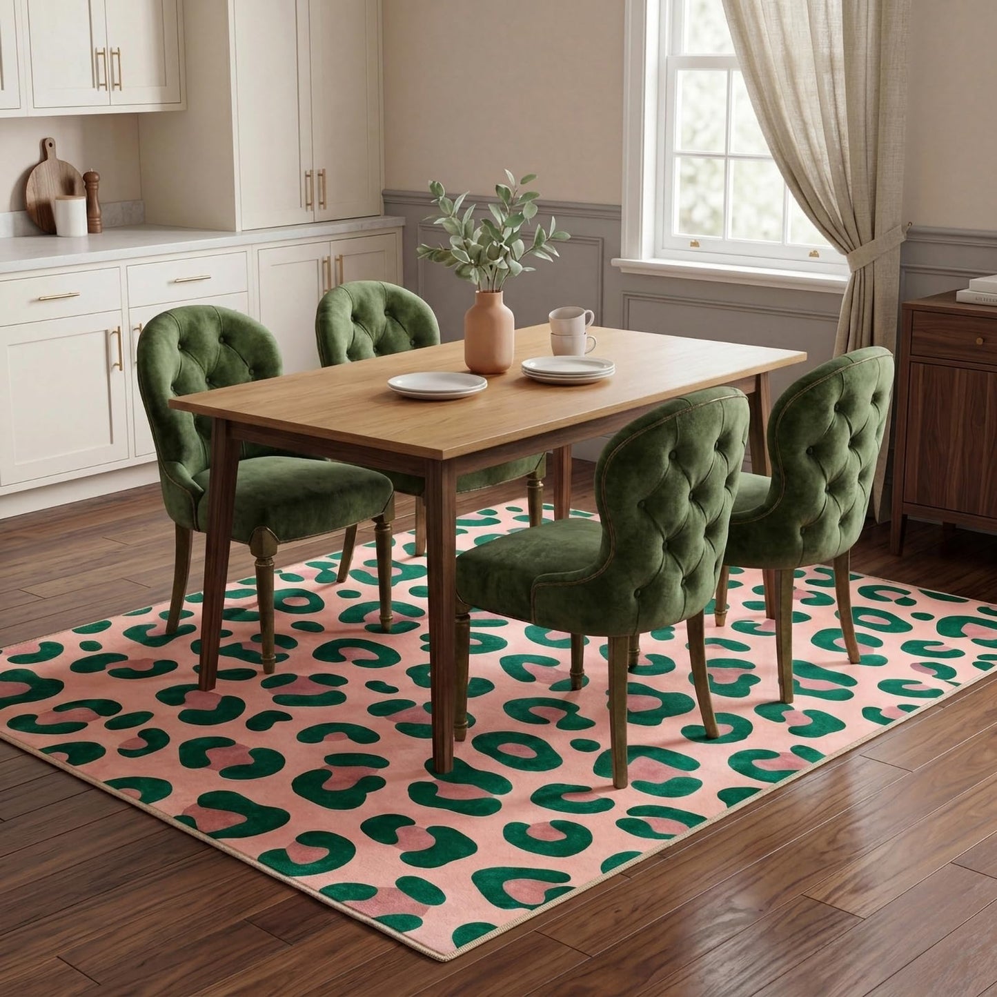 BreezeRise 5x7 Area Rug for Living Room，Modern Abstract Boho Pink and Green Leopard Print Non-Slip Washable Bedroom,Dining Room