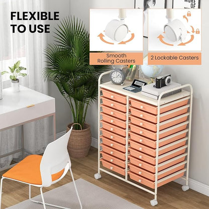 Giantex 20 Drawers Rolling Cart, Mobile Storage Drawer Cart, Classroom Organizer for Office School Supplies Tools Scrapbook Paper Craft Small Printer, Utility Stand on Wheels, Peach