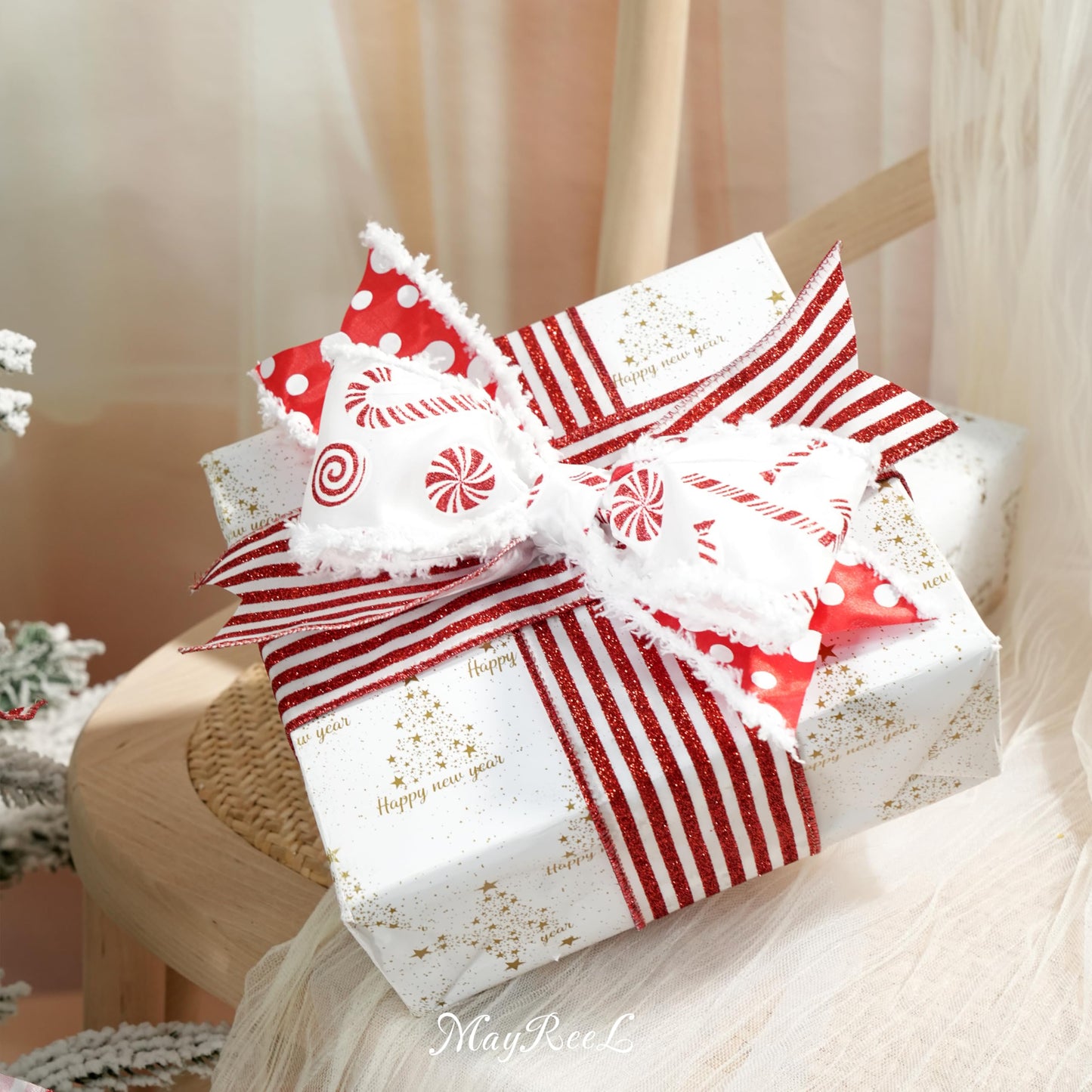 MAYREEL 2.5 Inch Red and White Christmas Ribbon Wired Candy Cane for Christmas Trees Wreaths Tree Toppers Crafts Home Decor Gift Wrapping 6 Rolls Total 36 Yards