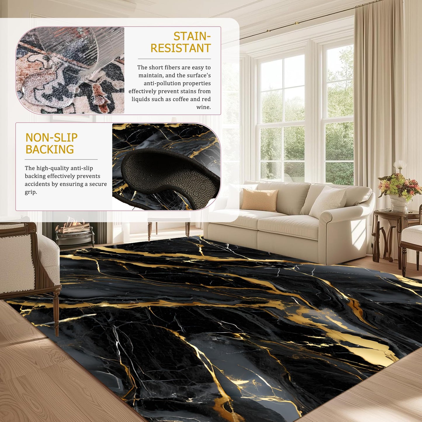 EDGZKO Black Gold Marble Rugs: 4x6 Feet Modern Aesthetic Abstract Area Rug Washable Carpet Non-Slip Floor Mats Doormat for Living Room Bedroom Dining Room Dorm Classroom Nursery