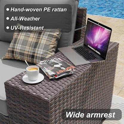 ALAULM 7 Pieces Patio Furniture Set with Fire Pit Table 55000BTU, Oversized Seat/Armrest and High Back Wicker Conversation Set with Thick Cushion for Backyard, Garden, Grey