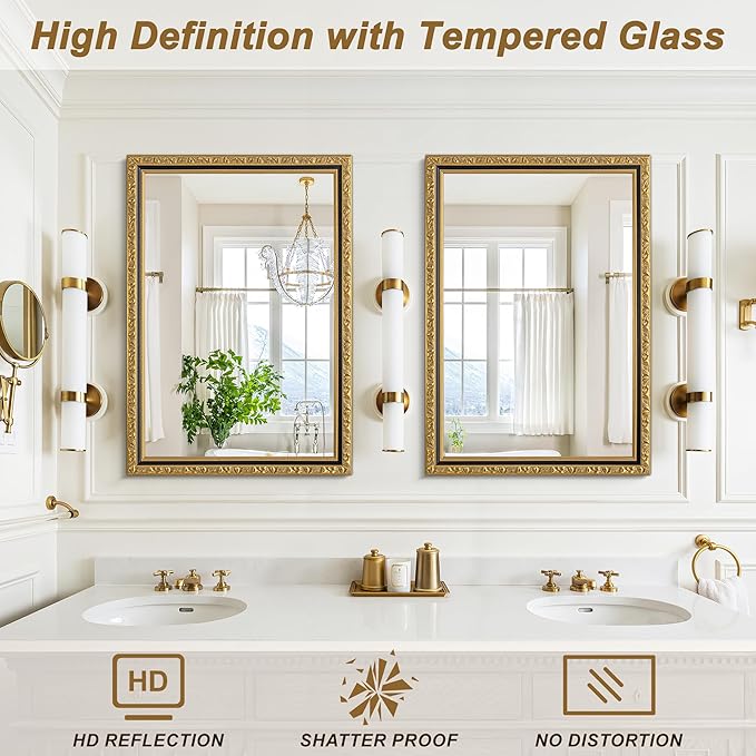 Vintage Black Gold Mirror, 40'' x 28'' Rectangular Antique Wall Mirrors with Ornate Wood Frame, Decorative Mirrors for Living Room, Bathroom, Bedroom, Entryway, Fireplace, Horizontal/Vertical