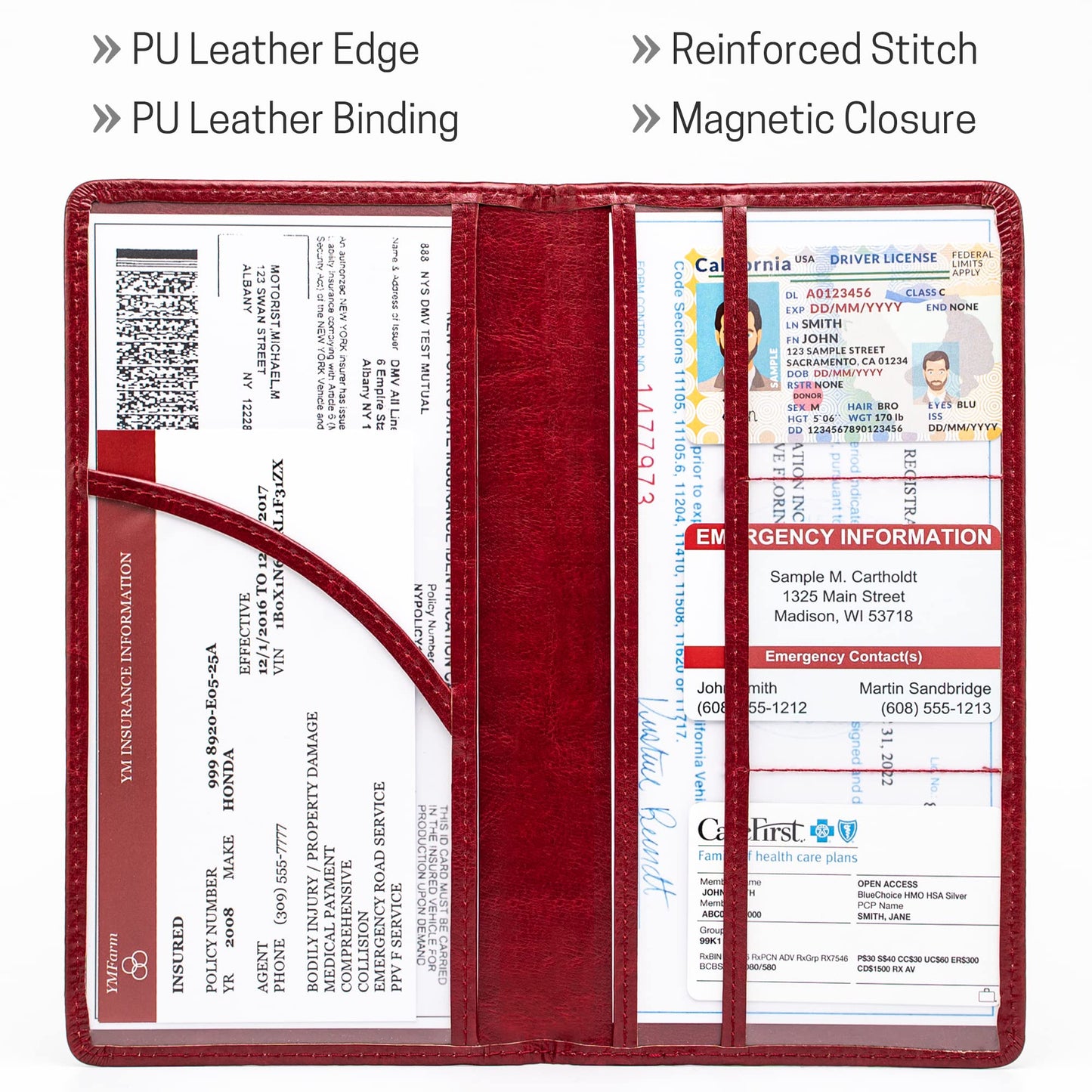 CANOPUS Car Registration and Insurance Holder, PU Leather Card Holder, Vehicle Glove Box Organizer for Auto, SUV, Truck, Red