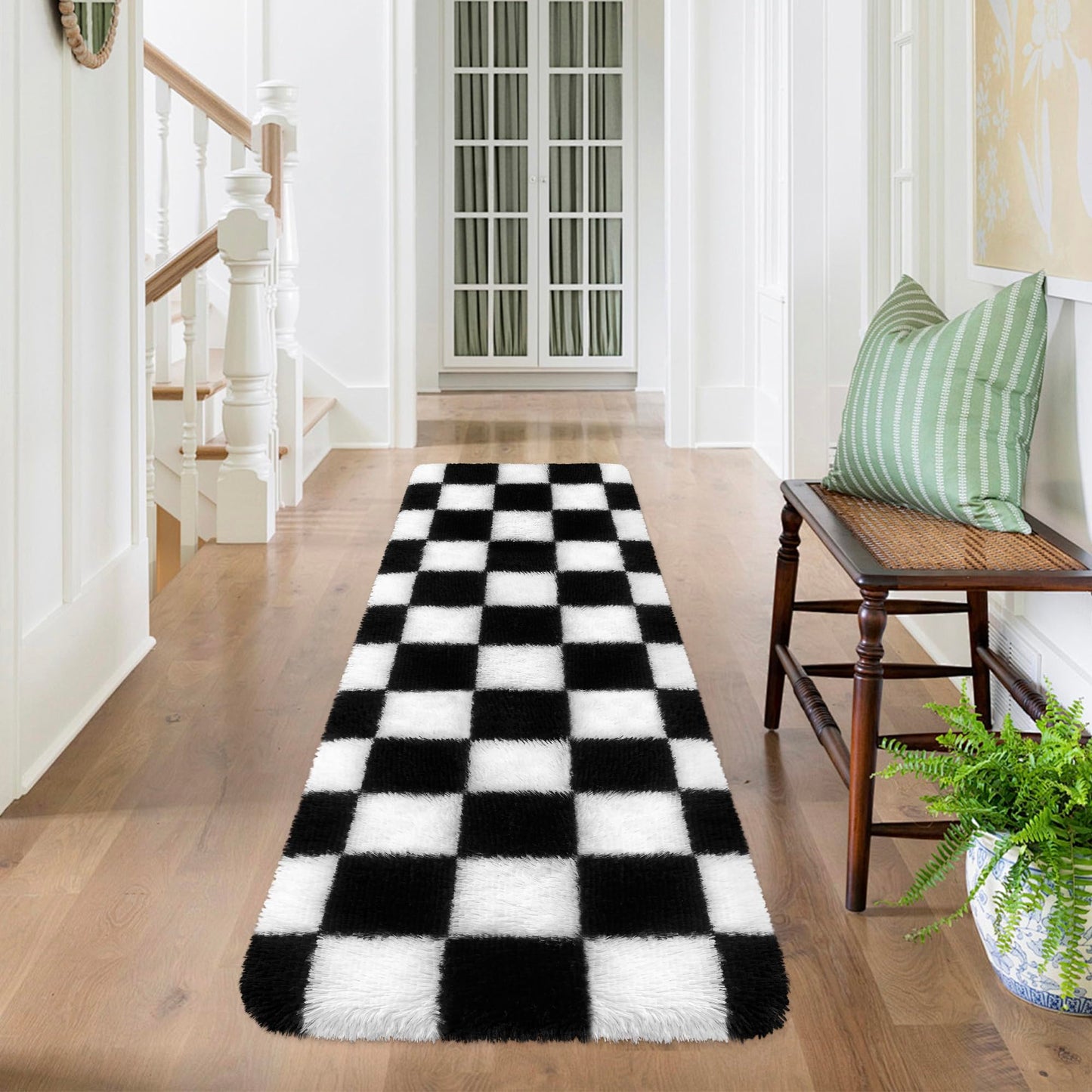 MondayRug Soft Fuzzy Fluffy Rug for Bedroom Living Room Black and White Checkered Rug Shag Runner 2x6 Ft Hallway Runner Plush Shaggy Carpet Non Slip for Bedside Sofa Home Dorm