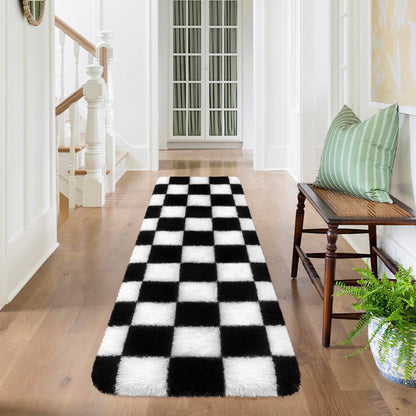 MondayRug Soft Fuzzy Fluffy Rug for Bedroom Living Room Black and White Checkered Rug Shag Runner 2x6 Ft Hallway Runner Plush Shaggy Carpet Non Slip for Bedside Sofa Home Dorm