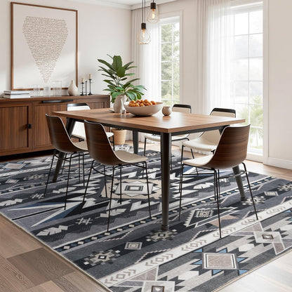 Western Rug for Living Room, 6x9 Non Slip Low Pile Aztec Rug for Bedroom, Dining Room Rugs for Under Table, Office, Large Machine Washable Area Rugs, Grey