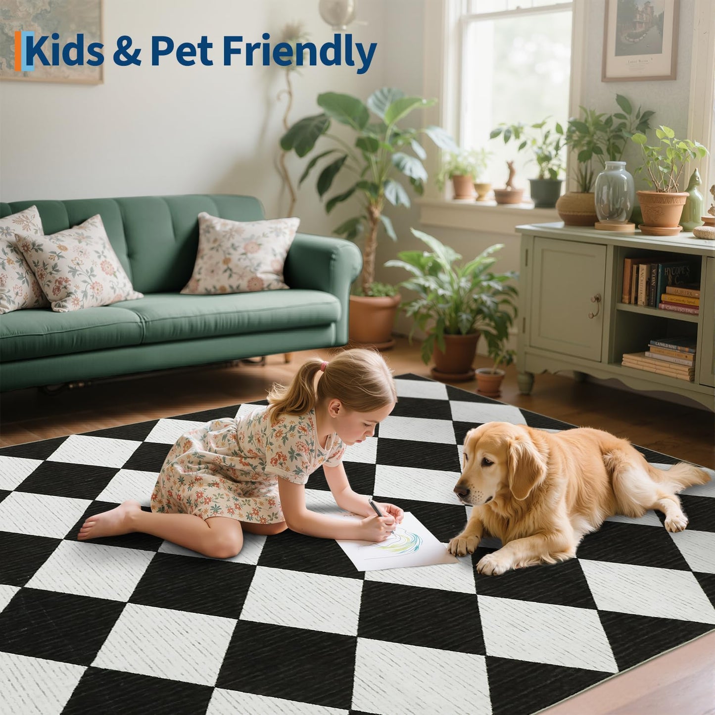 GarveeHome 5x7 Modern Checkered Area Rug, Black and White Washable Rugs for Living Room Bedroom, Soft Low Pile Non Slip Diamond Floor Mat Plaid Print Throw Rug Indoor Carpet Dining Room Playroom