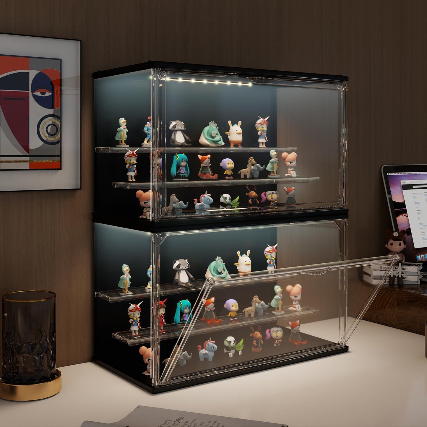 VERSSURE Clear Display Case for Collectibles, 3-Tier Adjustable Figure Display Case with LED Light, Stackable Acrylic Showcase with Magnetic Door for Jewelry,Collectibles (Black, 1 Pack-8.7" H)
