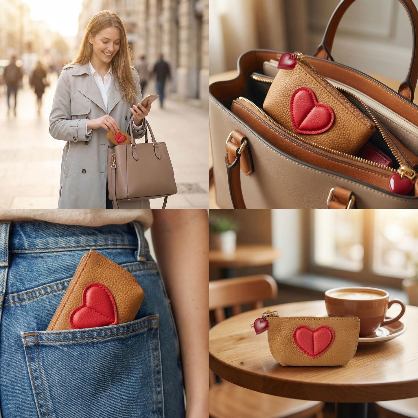 Red Heart Design Small Coin Purse - Cute Compact Keychain Change Purse Soft Leather Wallet with Zipper for Women (Brown)