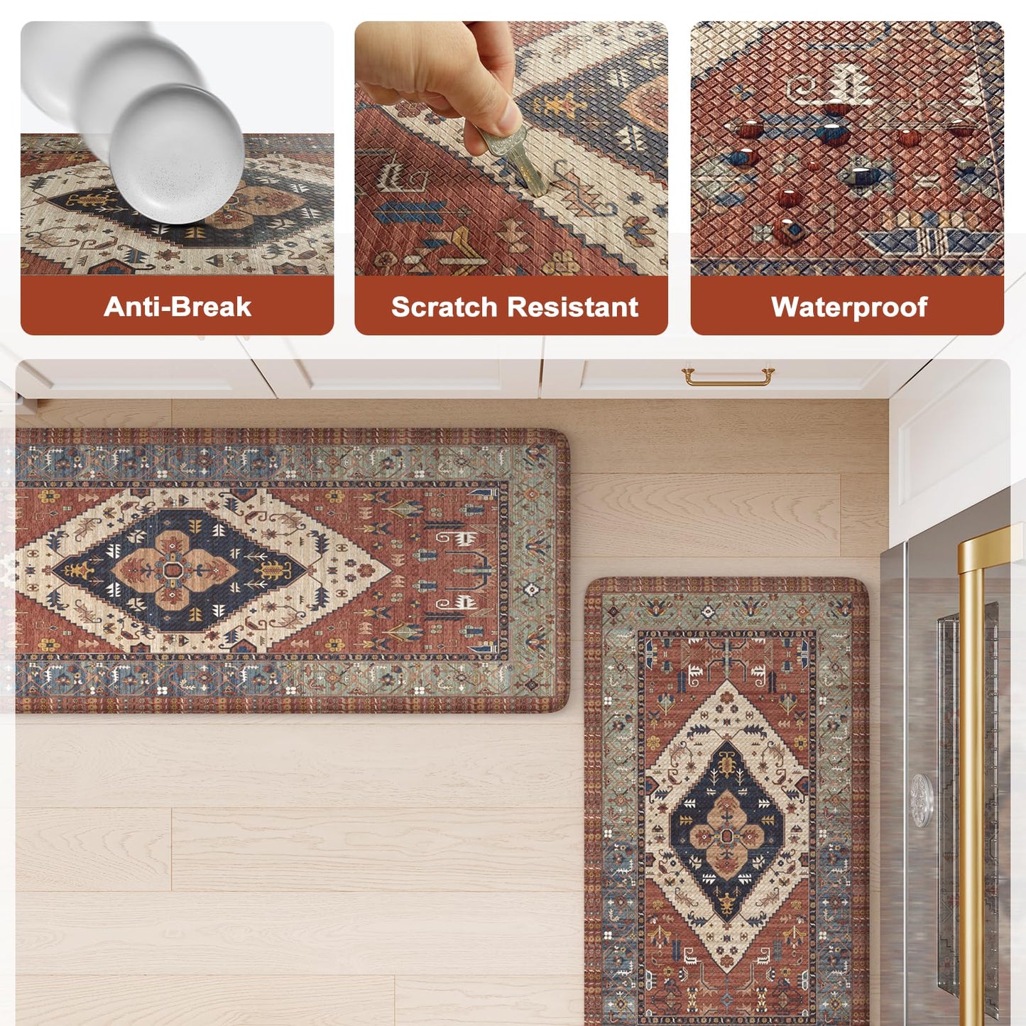 KIMODE Farmhouse Kitchen Mats, Anti Fatigue Kitchen Rugs Sets of 2, Non Slip Waterproof Kitchen Floor Mats, Ergonomic Cushioned Comfort Standing Mat, Red Laundry Room Rug for Office, Sink, Desk