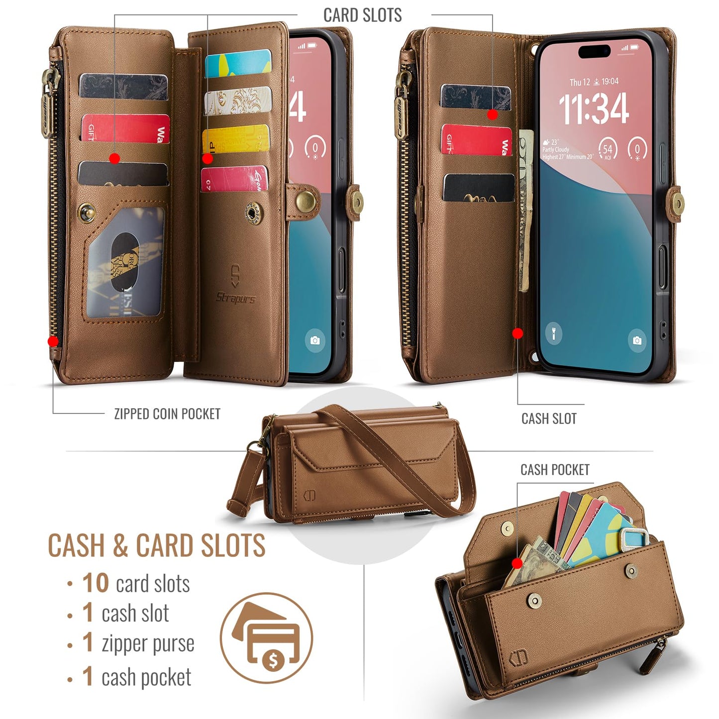 Strapurs Wallet Case Compatible with iPhone 16 Pro Max 6.9" RFID Blocking 10-Card Holder Soft PU Leather Magnetic Snap Shoulder Strap Zipper Pocket Phone Case Fit for iPhone 16 Pro Max - Brown