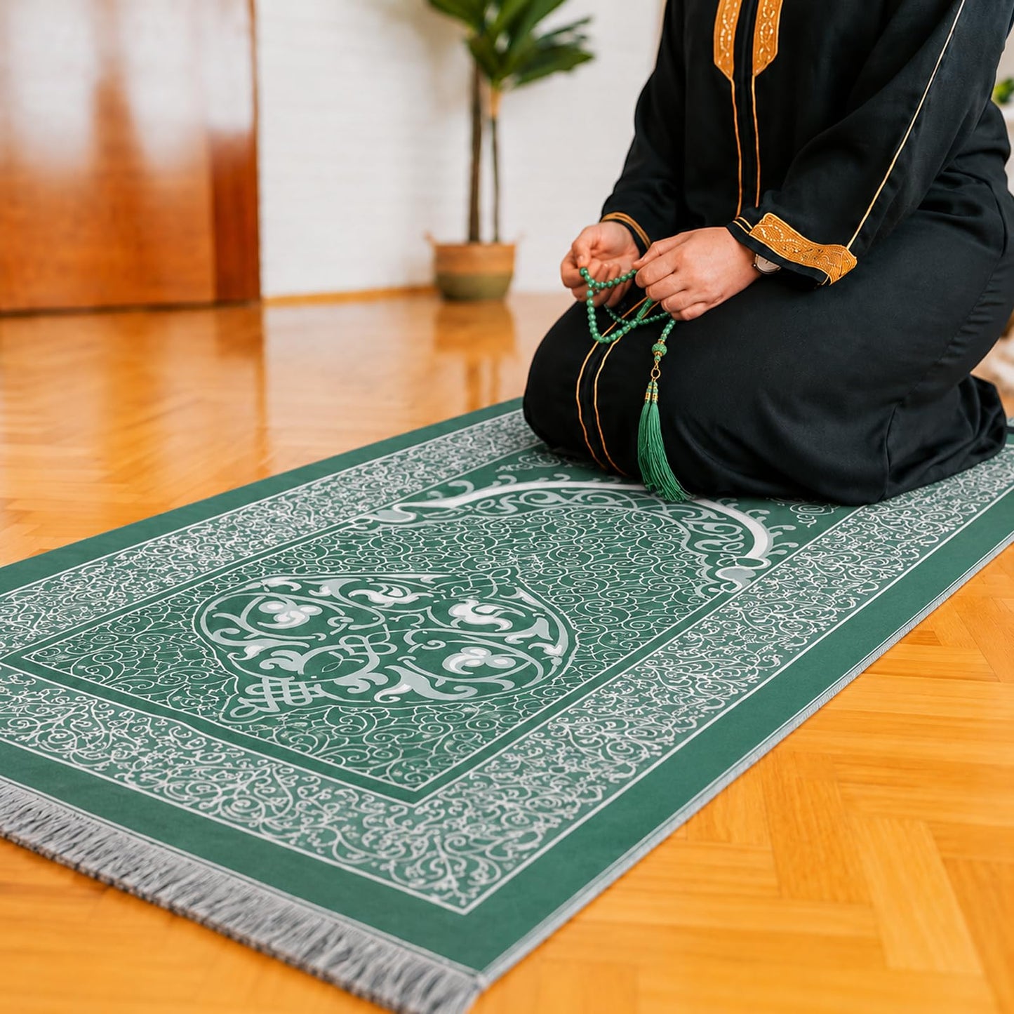 Shine123 Muslim Prayer Rug with 99-Bead Tasbih, Soft Islamic Prayer Mat Sajadah for Daily Salah, Ramadan Eid Gifts for Men Women, Foldable Janamaz Prayer Rug