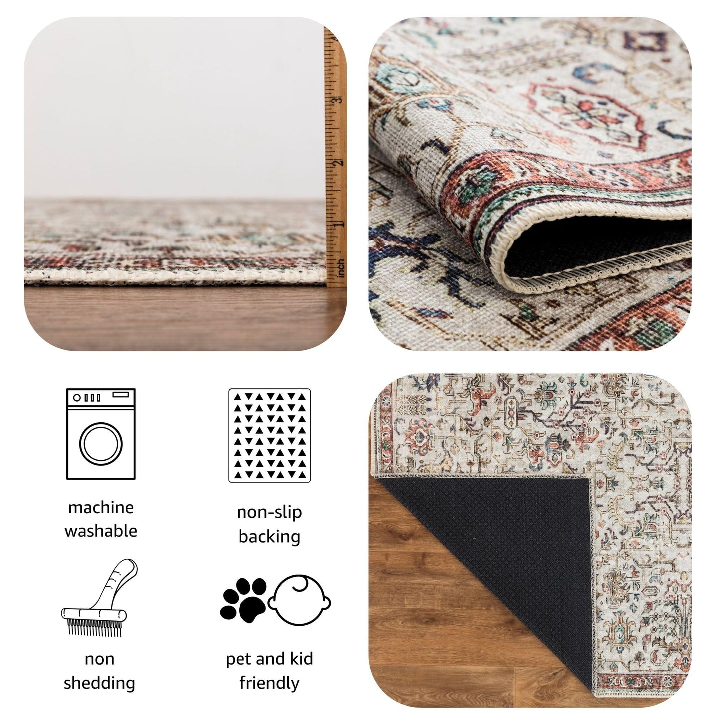 Keen Home Design 5x7 Rug - Machine Washable Area Rug with Non-Slip Backing, Ideal for Living Room, Dining Room, Bedroom - Vintage, Easy Clean, Durable, Low Pile Rug - (5' x 7')