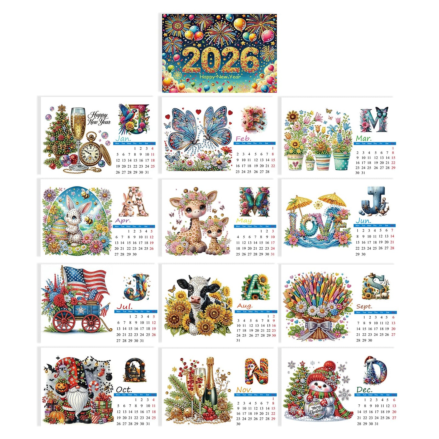 DIYDeligths Diamond Art Painting Desk Calendar 2026 Monthly Flip Tabletop Calendar Kit for Home Office Planning Desktop Ornament DIY Craft Gift (2026-B)