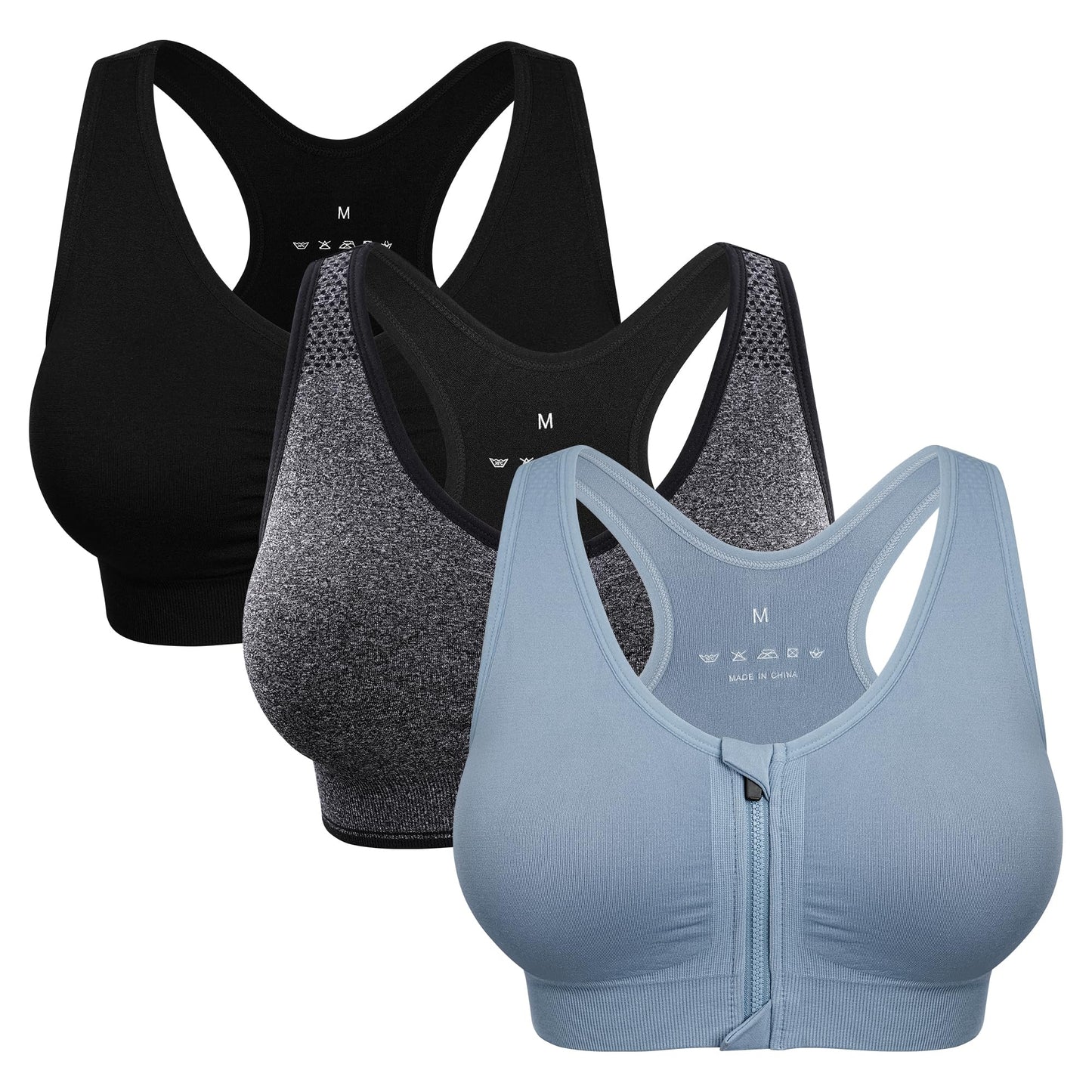 Women's Zip Front Sports Bra - Wireless, Post-Surgery, Padded, Racerback, Workout Gym Yoga Bras - 3 Pack (Large, Black+Grey+Light Blue)