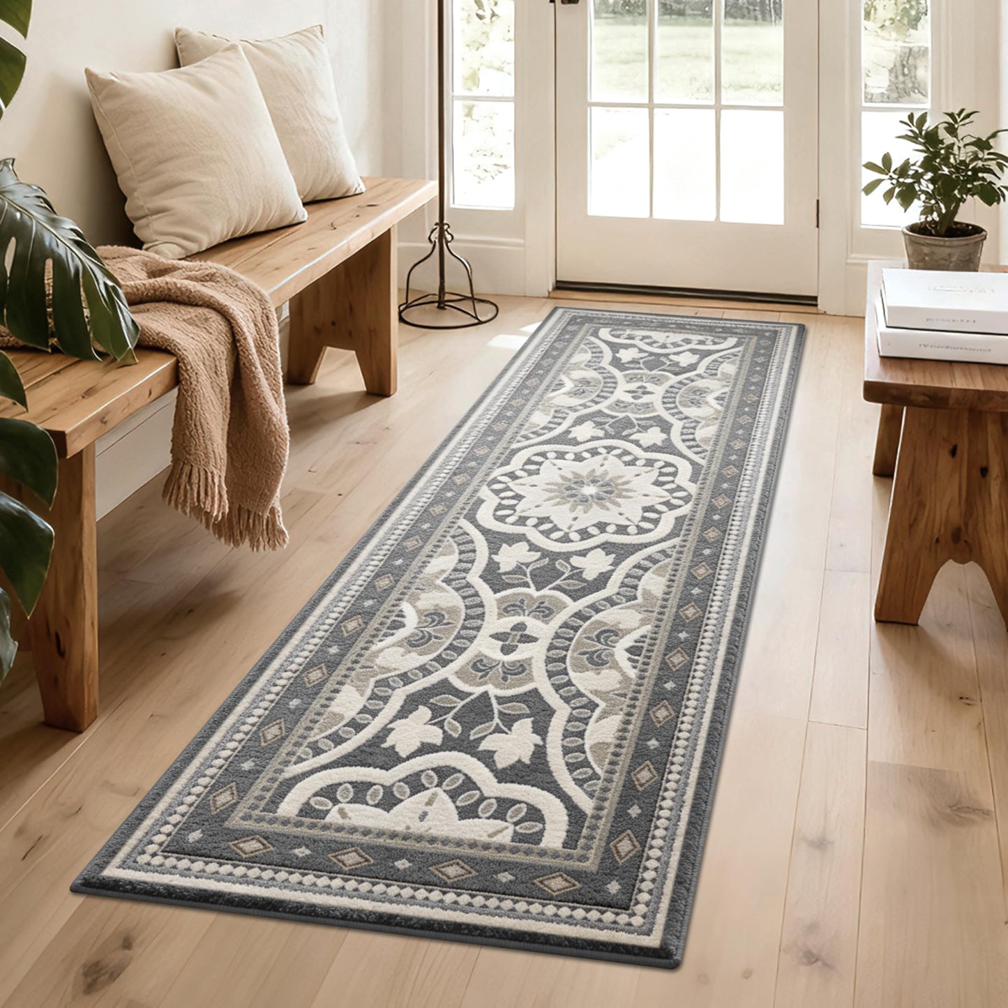 XSYarn Washable 2x6 Runner Rug, Soft Boho Kitchen Hallway Runner Rug TPR Non-Slip Low Pile Farmhouse Floor Mat for Bathroom Laundry Bedroom Grey