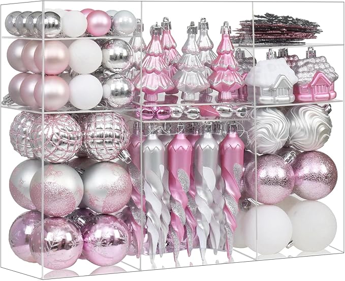 124Ct Pink White and Silver Christmas Ornaments Set,Shatterproof Assorted Christmas Decorations for Xmas Tree Snowflake Icicle House Ball Ornaments Baubles for Holiday Party(Pink White Silver)