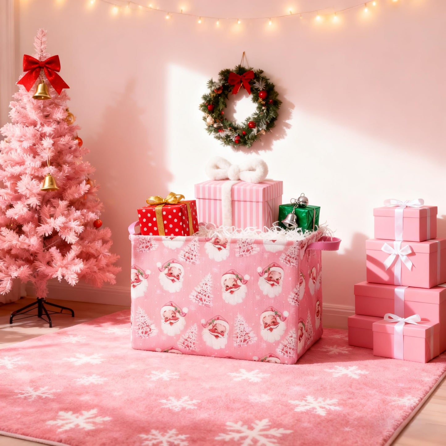 FYSUIMU 2Pcs Pink Christmas Storage Basket Collapsible Canvas Organizer Cute Xmas Tree Santa Fabric Storage Bin with Handles for Shelf Closet Holiday Home Organizer Decor