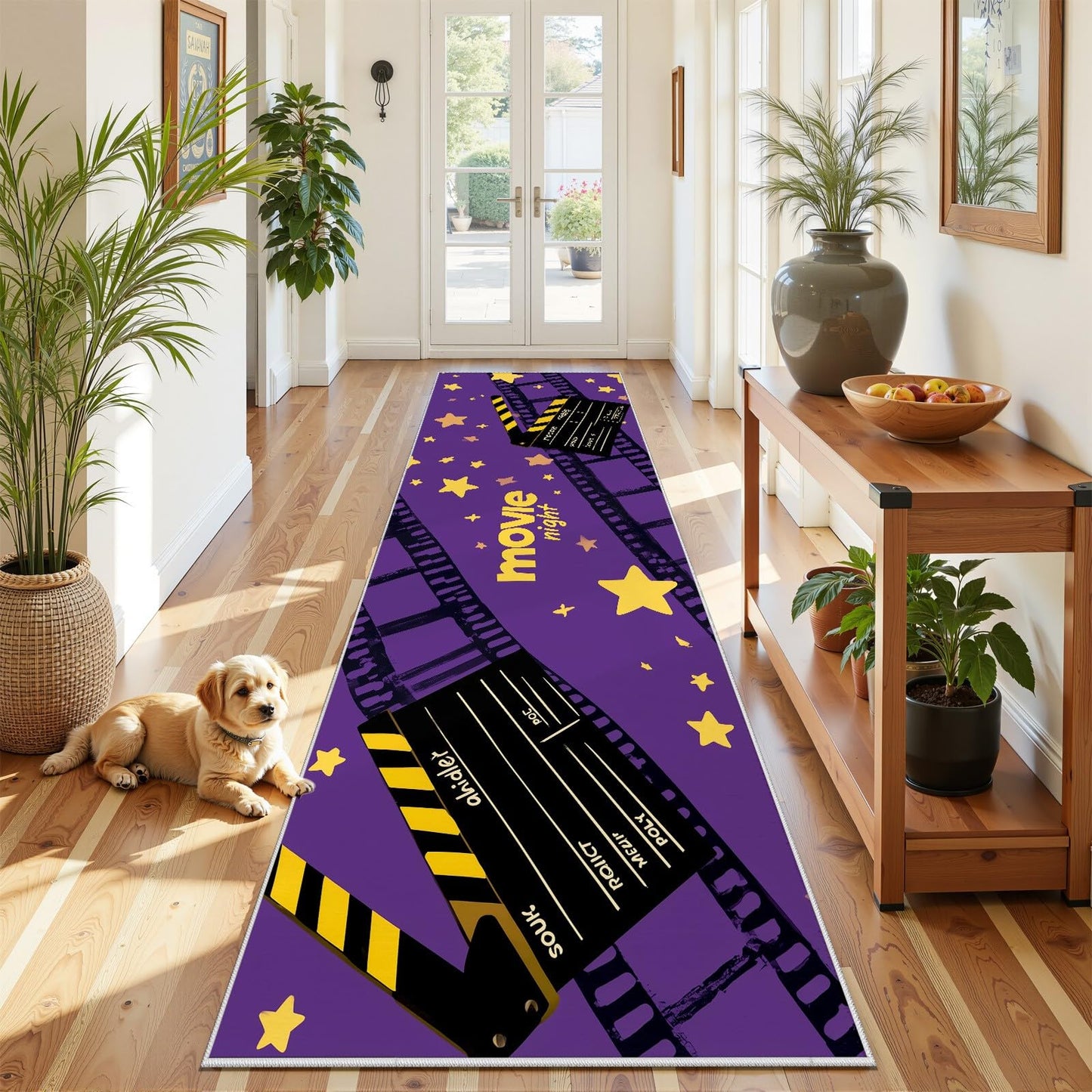 Retro Home Theater Runner Rug 2x6ft Black Clapboard & Film Reel Pattern, Non-Slip Movie Theater Carpet for Hallway, Kitchen, Playroom, Nursery, Farmhouse Decor