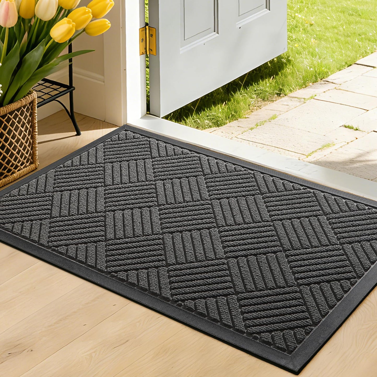 WELDUN Front Door Mat, Heavy Duty Waterproof Rubber Doormat for Indoor Outdoor, Non-Slip Low Profile Dirt Trapper Absorbent Mat for Entryway, Stain Fade Resistant Easy Clean 29.5"x17", Grey