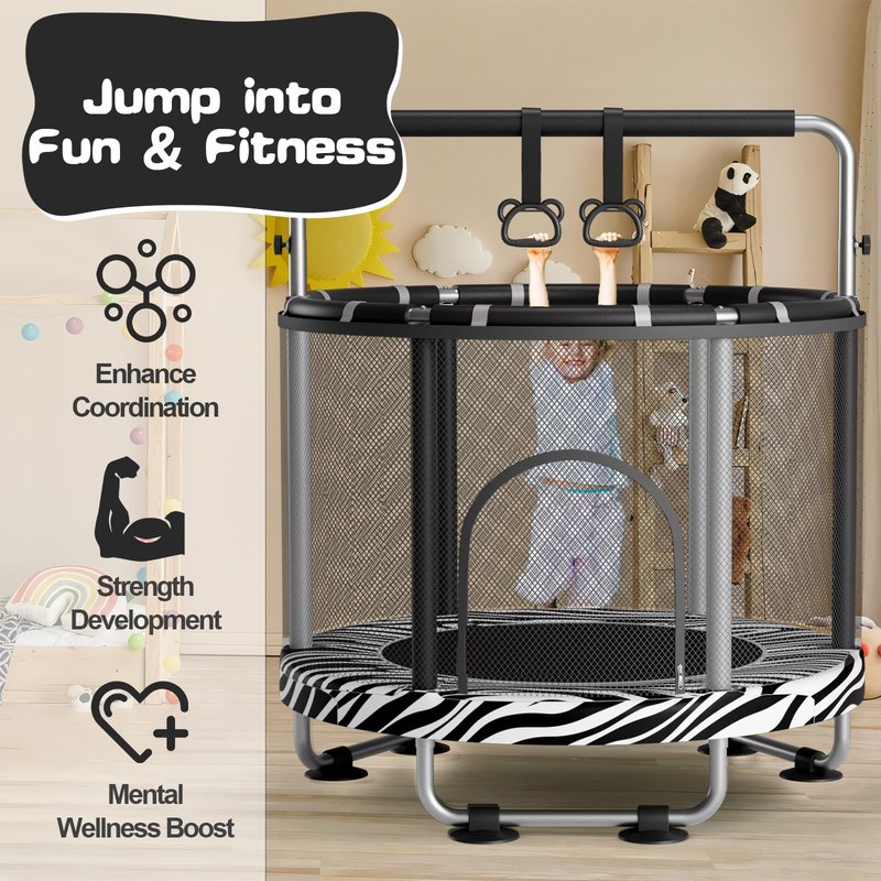ZCMHAXJ 55" Trampoline for Kids with Enclosure, 440lbs Capacity Indoor & Outdoor Toddler Trampoline with Adjustable Gymnastics Bar & Toys, Gifts for Boys & Girls