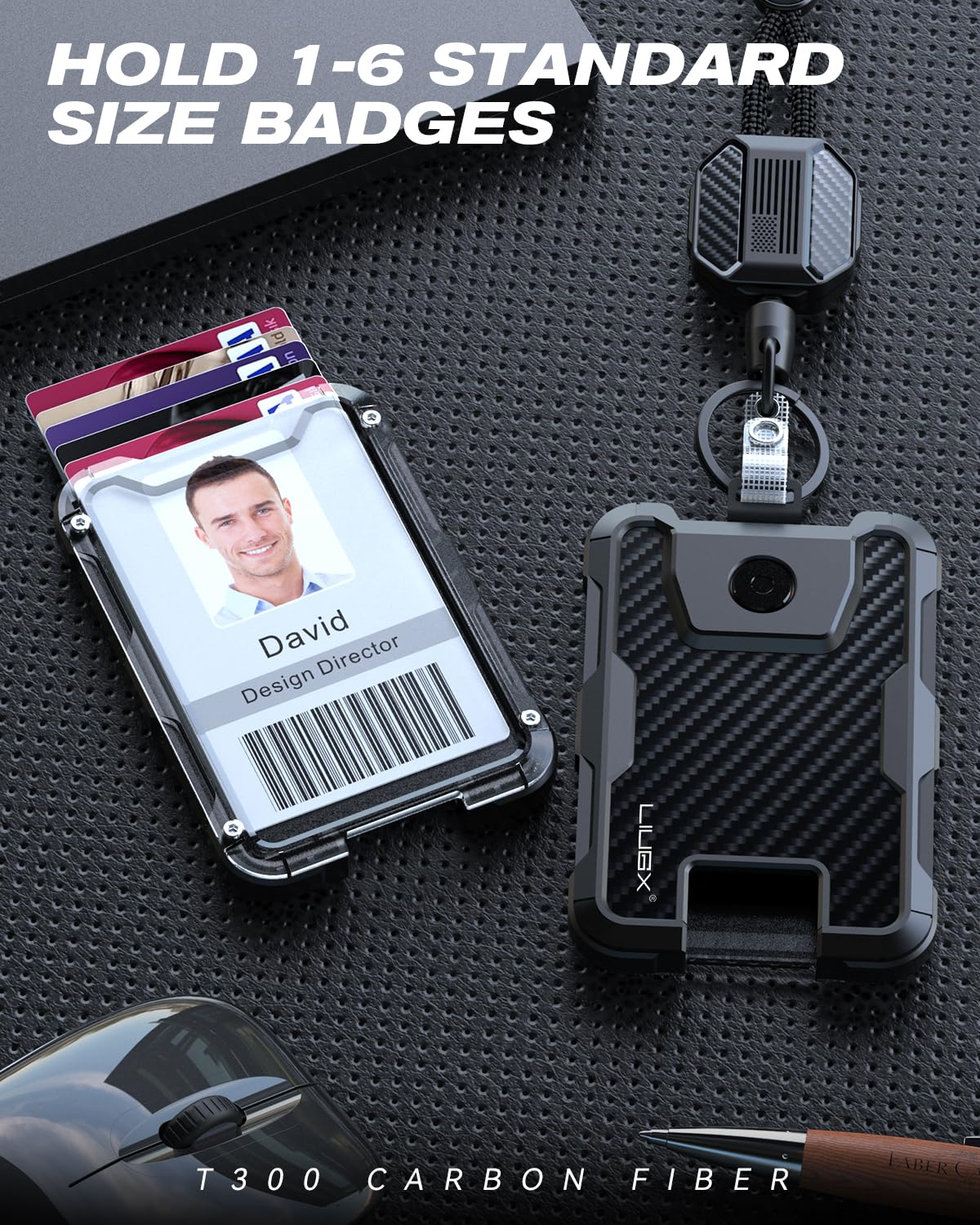 LIUGX Carbon Fiber Badge Holder with Retractable Breakaway Lanyard, American Flag, Badge Reel with Heavy Duty ID Card Holder (Holds 6 Cards) with 20" Retractable Cord, Keychain, 4.2 oz, Black