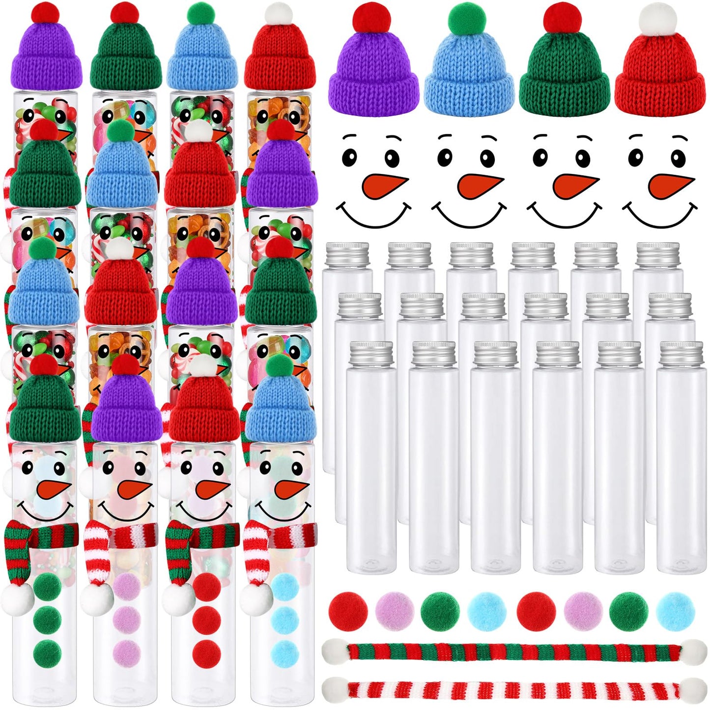 Honeydak 16 Set Christmas Candy Tubes 4 oz Hot Chocolate Clear Plastic Test Tube Bulk with Screw Caps Empty Christmas Holiday Scarf Santa Hat Snowman Gumball Candy Container for Party Gift Prizes