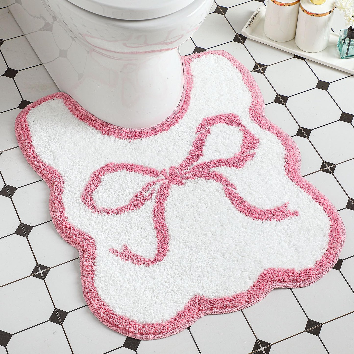HunnmingRe Pink Bow Bathroom Decor Toilet Rug 24 x 20 Inches U-Shaped Luxury Scalloped Bathroom Mat Non Slip Cute Microfiber Soft Plush Bath Rugs Coquette Stuff for Toilet Base