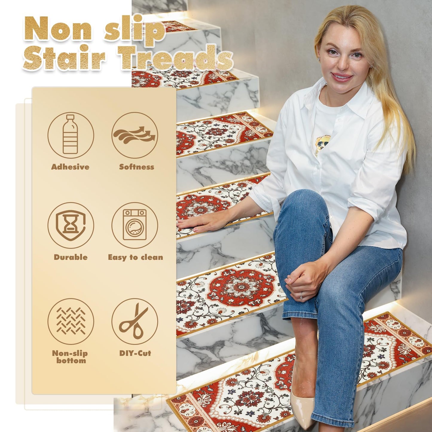 Carpet Stair Treads for Wooden Steps 15pcs, 9"X28"Carpet for Stairs Indoor with Soft Surface, Stairs Treads Non Slip,Peel and Stick Adhesive,Reusable,Kid,Senior,Pet-Friendly(Burgundy White)