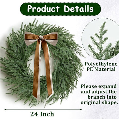 Christmas Decorations - 2 Pcs 24 Inch Christmas Wreath, Norfolk Pine Wreath, Christmas Wreaths for Front Door, Christmas Door Wreath with Bow for Outdoor Indoor with Ribbon for Home Table Wall
