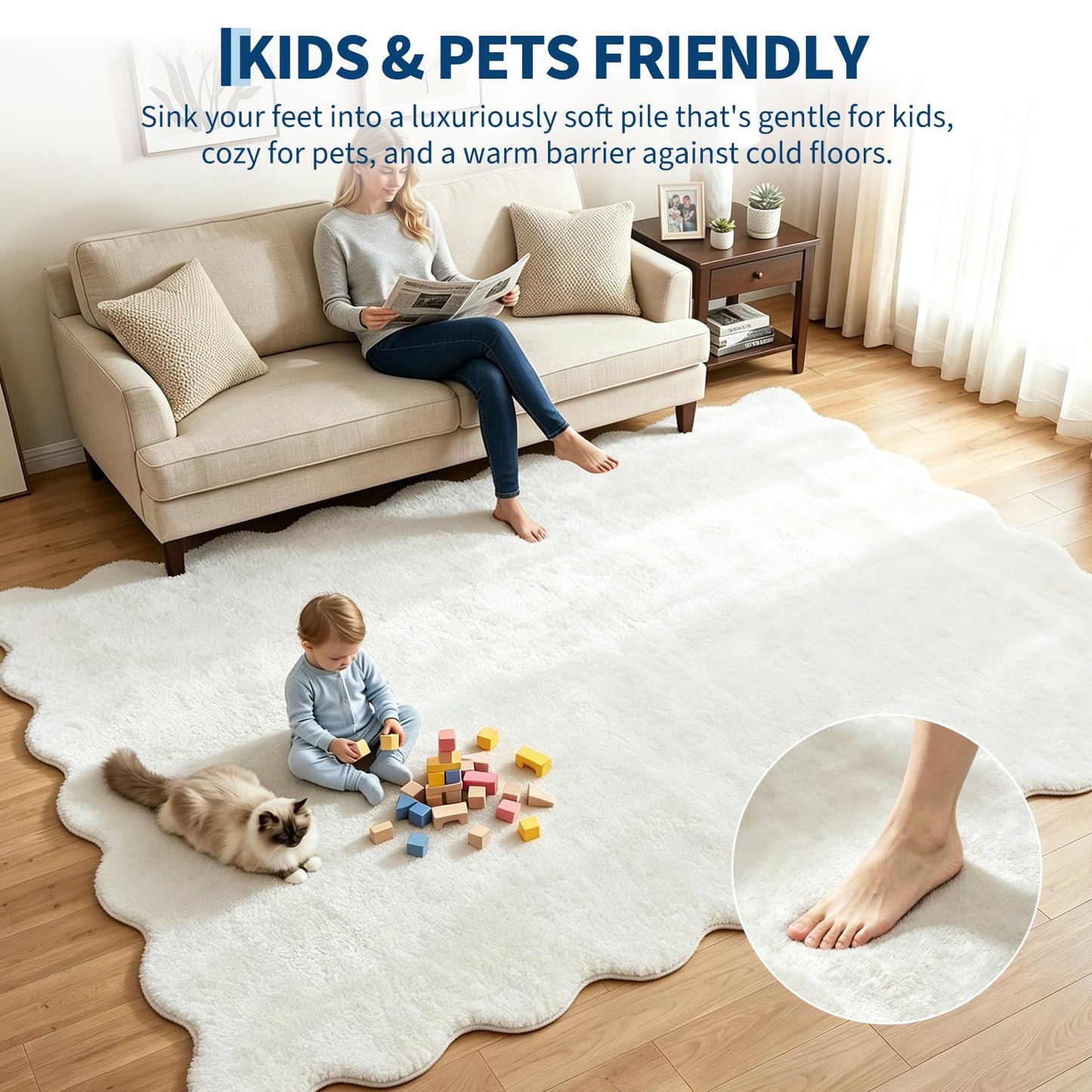 Garvee Scalloped 8x10 Area Rugs for Living Room Washable Thick Plush Large Area Rug Non-Slip Ultra Soft Non-Shedding Fluffy Solid Rugs for Bedroom Playroom Nursery Kids Room Home Decor Milky White
