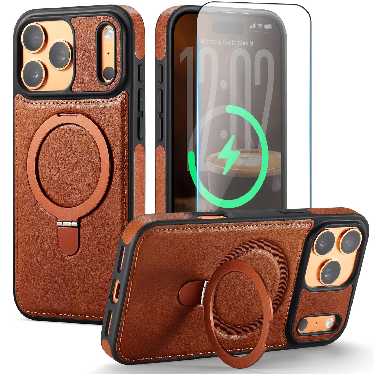 CHEEWADA for iPhone 17 Pro Max Case with Stand, Compatible with MagSafe, Slim PU Leather & TPU Drop-Proof Protective Magnetic Kickstand Phone Cases with Tempered Glass Screen Protector 6.9", Brown