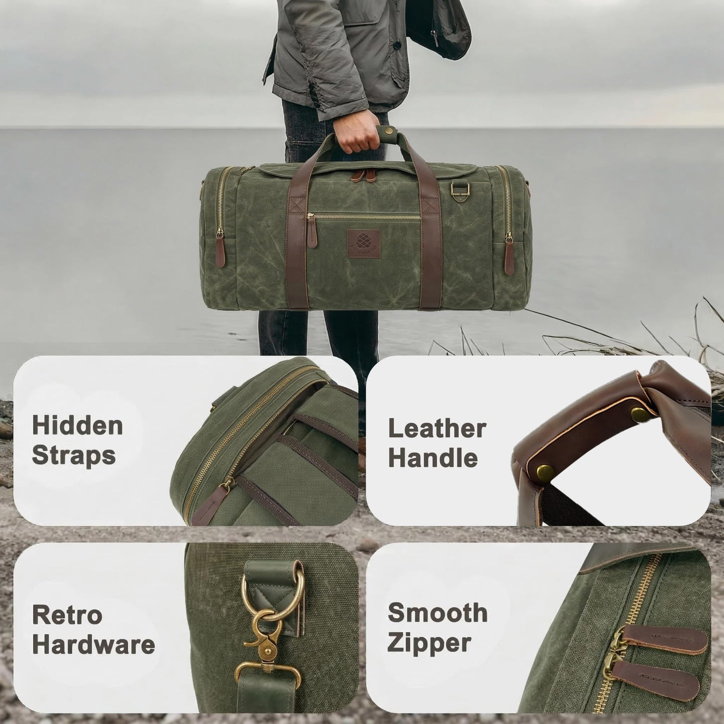 Densata Duffle Bag for Travel, 50L Waxed Canvas Duffle Bag Vintage Travel Bag Overnight Bag with Shoes Compartment Men (Vintage Grey, Large-50L)