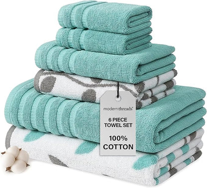 Modern Threads Organic Vines 6-Piece 100% Cotton Towel Set – Yarn Dyed Jacquard