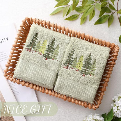 2 Pcs Forest Hand Towels Gray Green Bathroom Decor 14x29 Inch Embroidered 100%