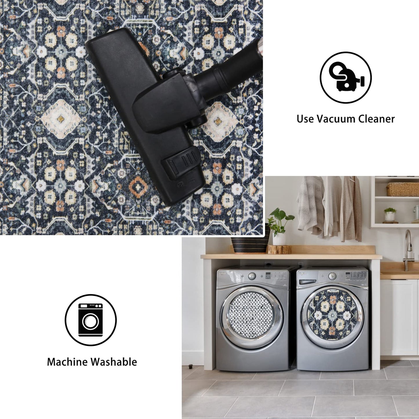 4x8 Washable Kitchen Area Rug: Farmhouse Stain-Resistant Rug for Living Room Bedroom Wide Soft Carpet for Entryway Dining Room Thin Hallway Floor Mat with Non Slip Backing Home Decor(4x8,Black Navy)