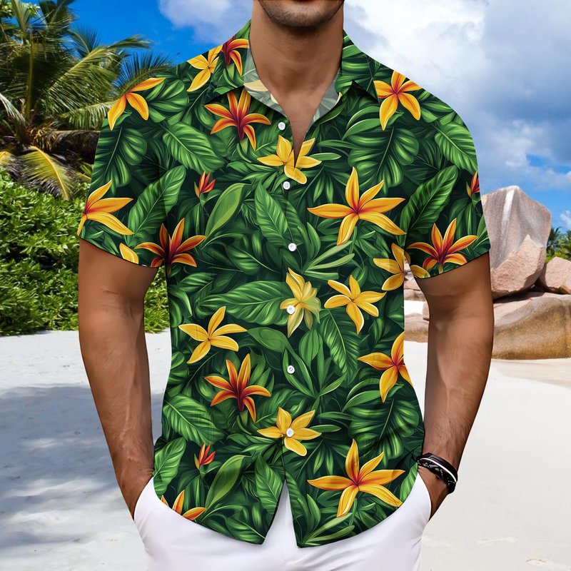 Mens Hawaiian Button Up Shirt Beach Vacation Cruise Tee Summer Tropical Palm Leaf Shirts Casual Unique Pattern Comfy Tops