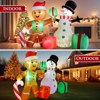 6FT Christmas Inflatables Outdoor Decorations, Giant Gingerbread Man & Snowman with Built-in Rotating LED Lights, Holiday Yard Decor for Lawn Garden Patio Party (Gingerbread Man Snowman)