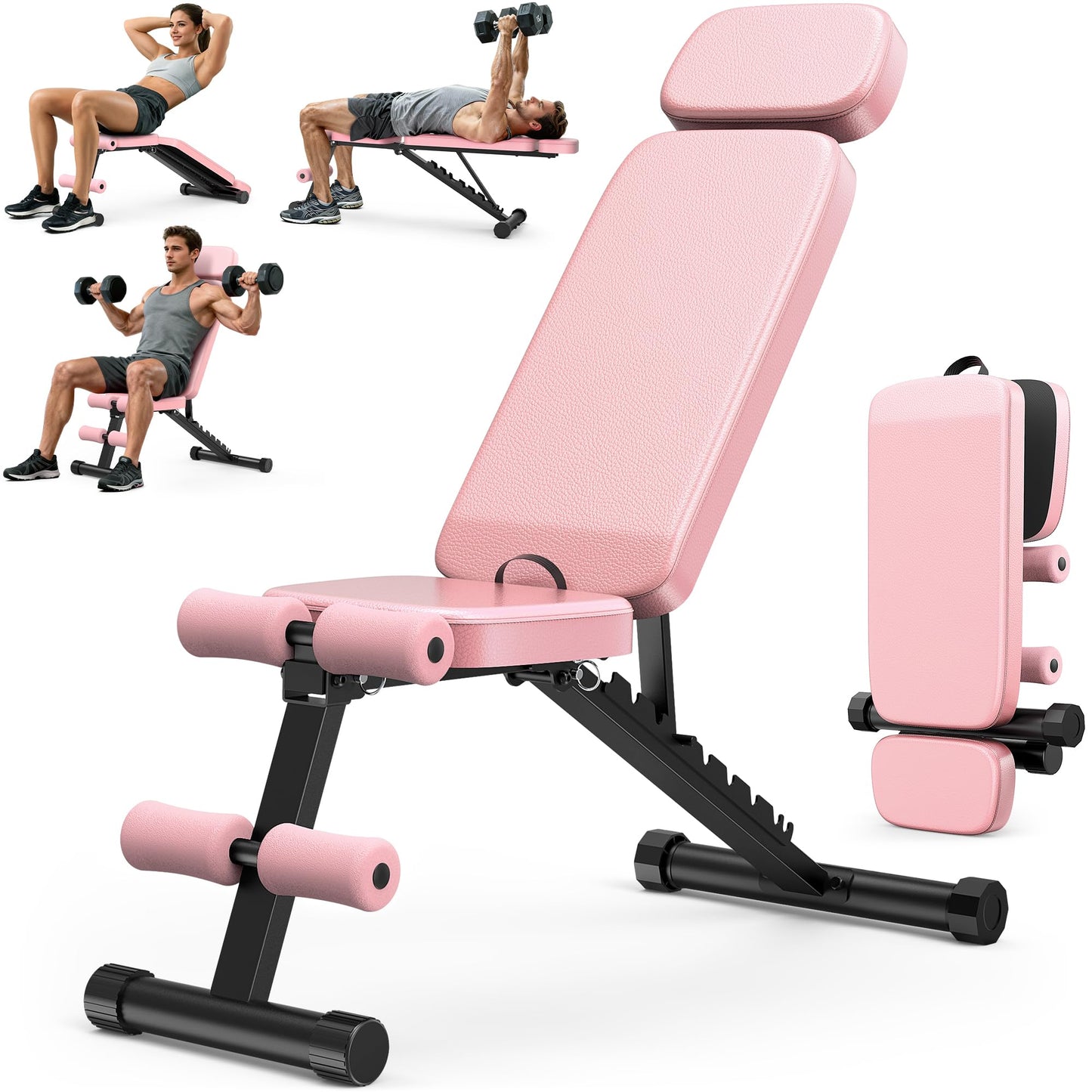 XDDIAS Workout Bench, 10 Backrests Adjustable Weight Bench with Extended Headrest, 800LBS Foldable Weight Bench for Home Gym, Incline Decline Flat Bench Compact for Small Space Training, Pink