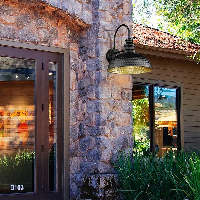 Dusk to Dawn Farmhouse Outdoor Barn Light Fixtures, 12 Inch Dome Gooseneck Exterior Wall Lights, Rustic Outdoor Wall Sconces Outside Wall Mount Lantern with Bead Shape for Porch, Garage, Doorway