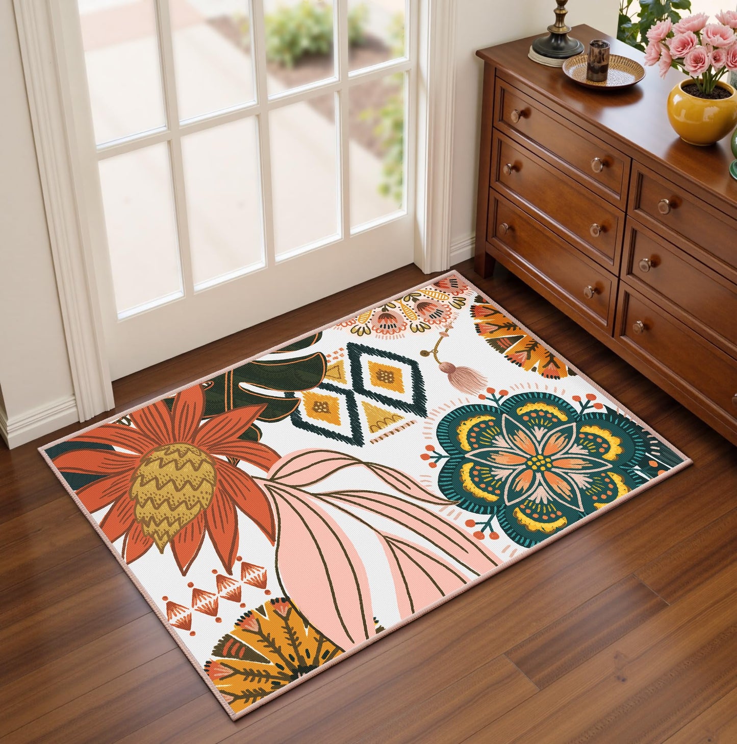 Tyrot Boho Floral 2x3 Washable Kitchen & Entryway Rug Ultra-Thin Flat Woven Low-Pile Botanical Area Rug Non Slip Indoor Door Mat for Bathroom Bedroom, Blush Pink