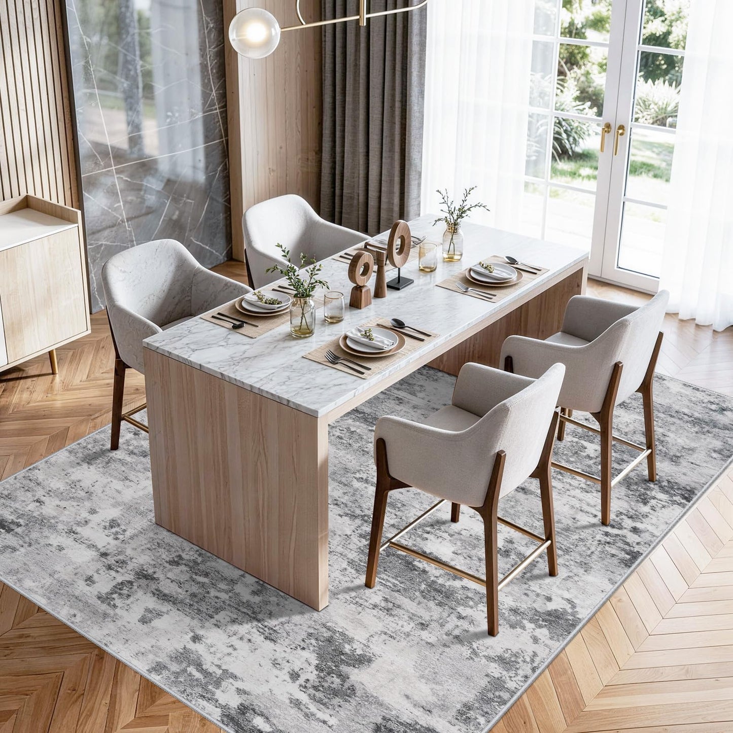 Abstract Washable Area Rug 5x6: Modern Neutral Rugs Non Slip Backing for Living Room Bedroom - Soft Low Pile Easy Clean Thin Indoor Carpet - Home Essential for Elderly Kids Pets Family 5x6 Black Grey